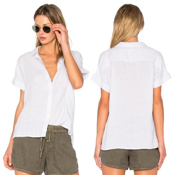 James Perse 100% Linen Striped Short Cap Sleeve Button Up Shirt White 0 XS $185 - Picture 1 of 16